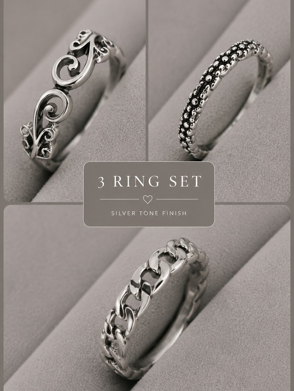 Set of 3 Silver Tone Floral Chain Stackable Rings - Picture 4 of 5